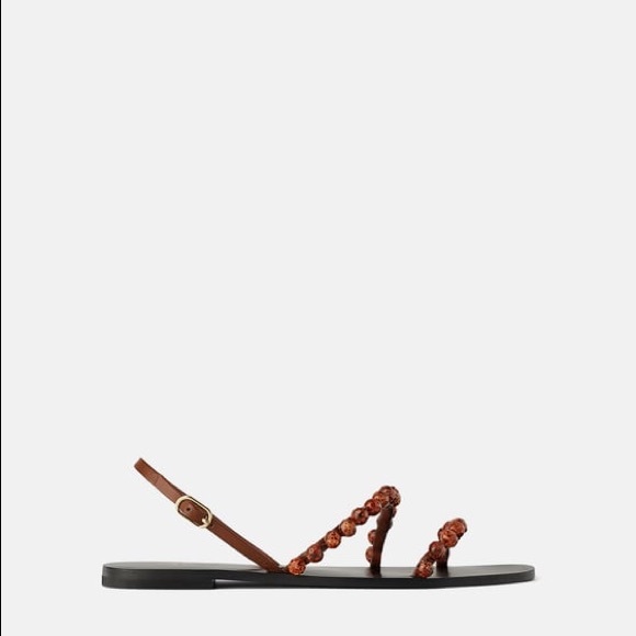 ZARA LEATHER BEADED FLAT SANDALS BRAND NEW WITH TAGS & BOX US 8 EUR 39 BROWN - Picture 4 of 6